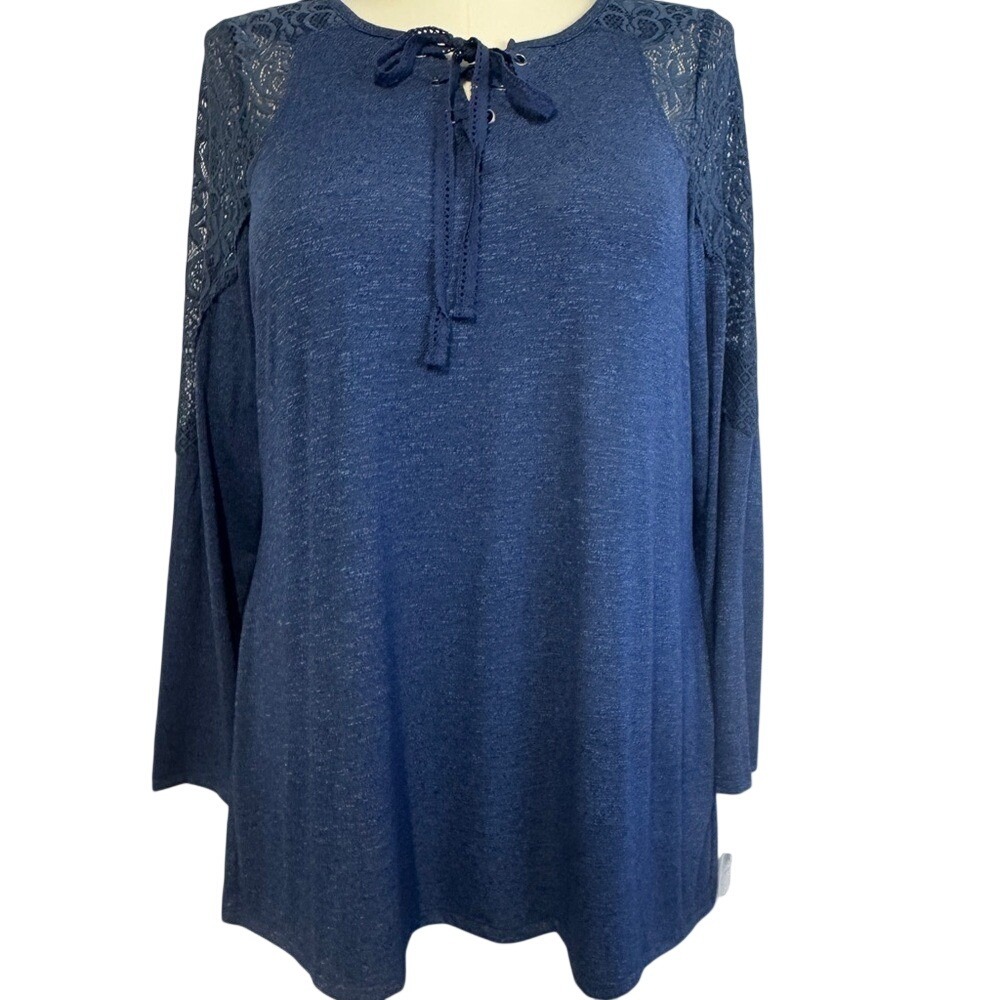 Energe World Wear Blue Lace‎ Shoulder Long Sleeve Top Blouse Shirt Tunic XL NWT